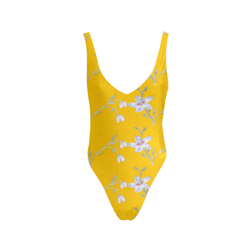 Yellow Flower Pattern Swimsuit Sexy Low Back One-Piece Swimsuit (Model S09)