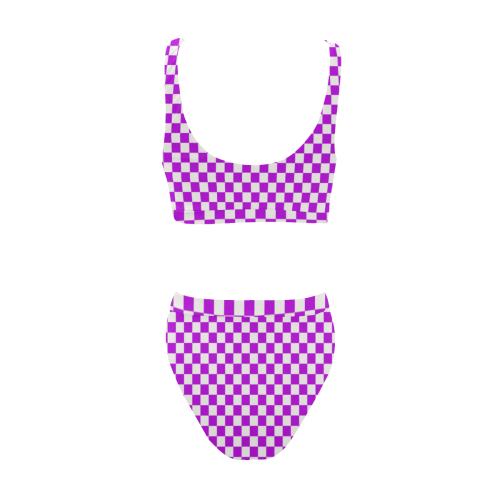 Bright Purple Gingham Sport Top & High-Waisted Bikini Swimsuit (Model S07)