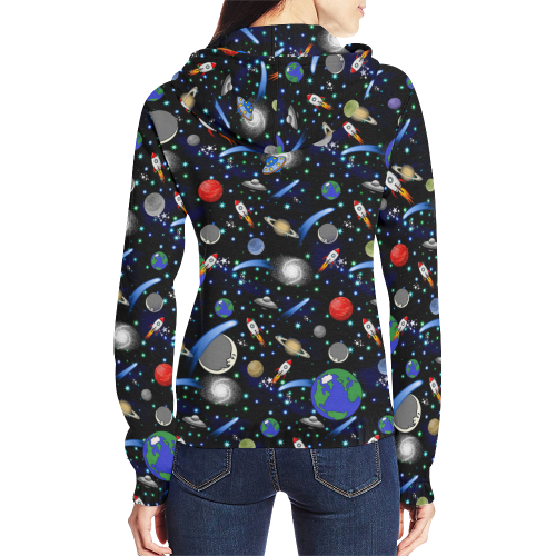 Galaxy Universe - Planets, Stars, Comets, Rockets All Over Print Full Zip Hoodie for Women (Model H14)