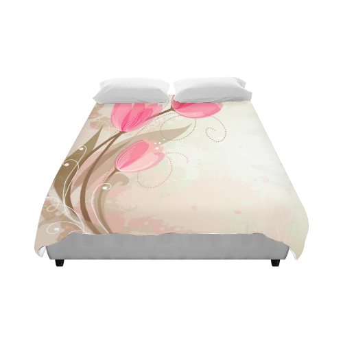 Pink Tulips on Taupe & Tan Watercolor Duvet Cover 86"x70" ( All-over-print)
