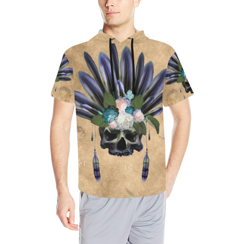 Cool skull with feathers and flowers All Over Print Short Sleeve Hoodie for Men (Model H32)