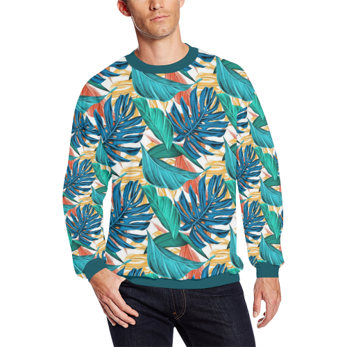 Tropical Jungle Leaves Men's Oversized Fleece Crew Sweatshirt/Large Size(Model H18)