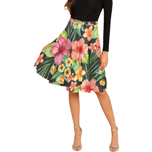 Awesome Tropical Hibiscus Melete Pleated Midi Skirt (Model D15)