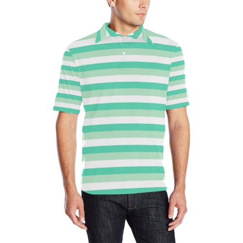Mint Stripes Men's All Over Print Polo Shirt (Model T55)
