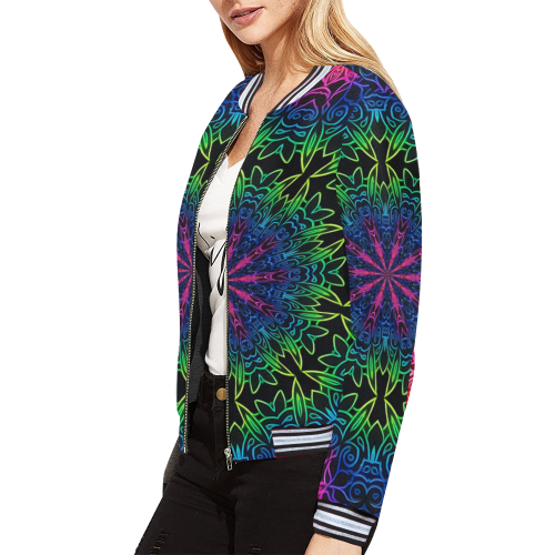 Rainbow Scratch Art Mandala Kaleidoscope Abstract All Over Print Bomber Jacket for Women (Model H21)