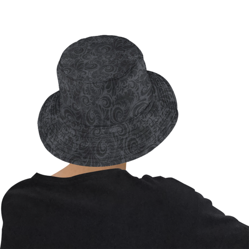 Denim with vintage floral pattern, black grey All Over Print Bucket Hat for Men
