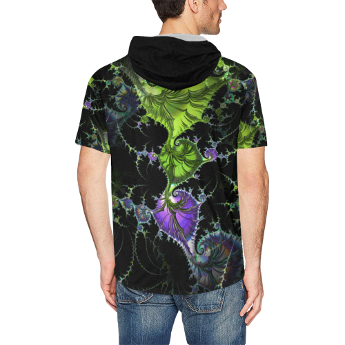 Filigree Spiral Fractal - Psychedelic Black Green All Over Print Short Sleeve Hoodie for Men (Model H32)
