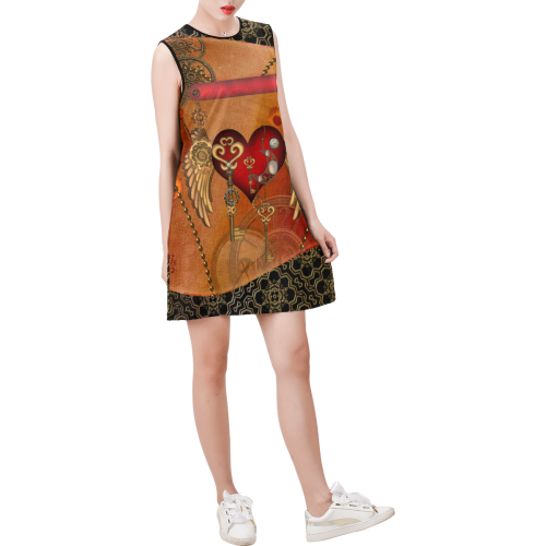 Steampunk, wonderful heart with wings Sleeveless Round Neck Shift Dress (Model D51)