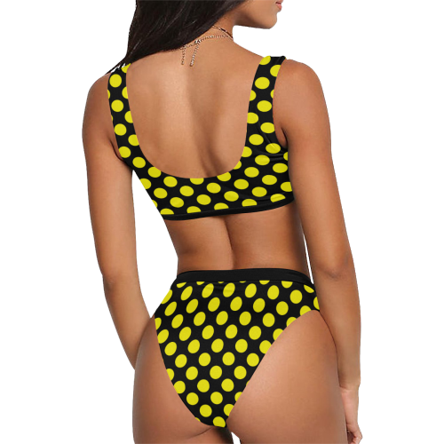 Yellow Polka Dots on Black Sport Top & High-Waisted Bikini Swimsuit (Model S07)