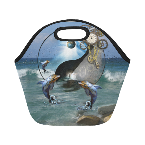 Steampunk yin yang dolphins over high ocean surf Neoprene Lunch Bag/Small (Model 1669)