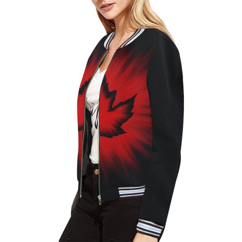 Cool Canada Jackets Black Women's Canada Bomber Jacket All Over Print Bomber Jacket for Women (Model H21)