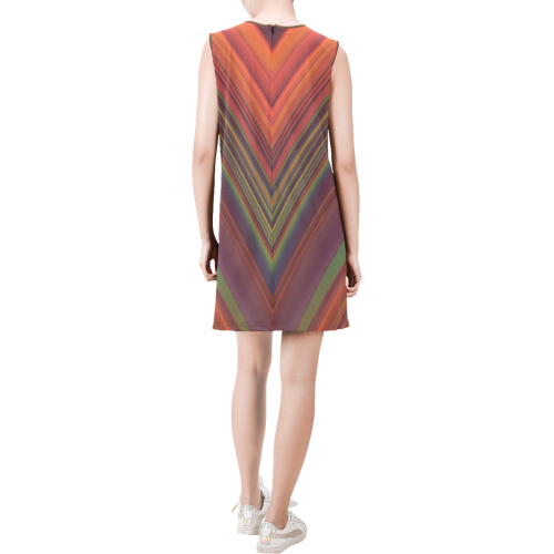 Red Diagonal Stripes - V Pattern Sleeveless Round Neck Shift Dress (Model D51)