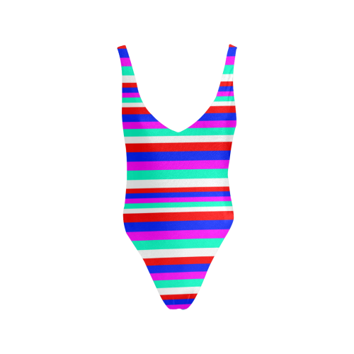 Colored Stripes - Fire Red Royal Blue Pink Mint Wh Sexy Low Back One-Piece Swimsuit (Model S09)