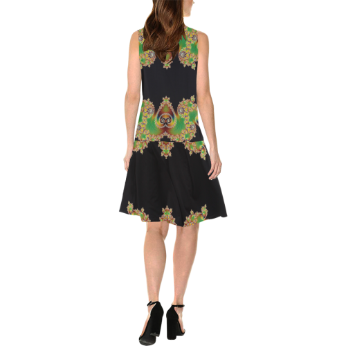 Green and Black  Hearts  Lace Fractal Abstract Sleeveless Splicing Shift Dress(Model D17)