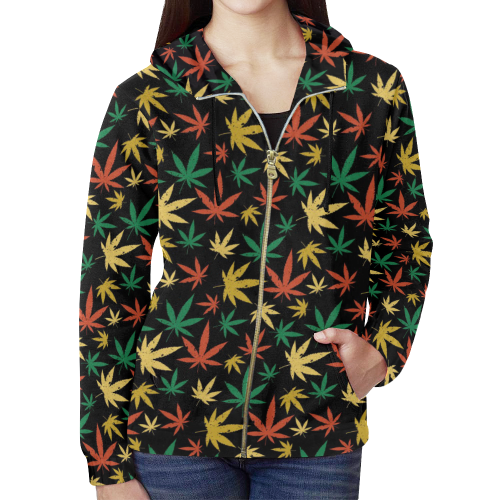 Cannabis Pattern All Over Print Full Zip Hoodie for Women (Model H14)