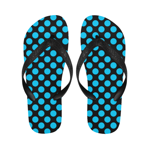 Blue Polka Dots on Black Flip Flops for Men/Women (Model 040)