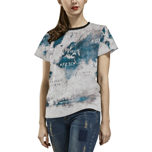 world map OCEANS and continents All Over Print T-shirt for Women/Large Size (USA Size) (Model T40)
