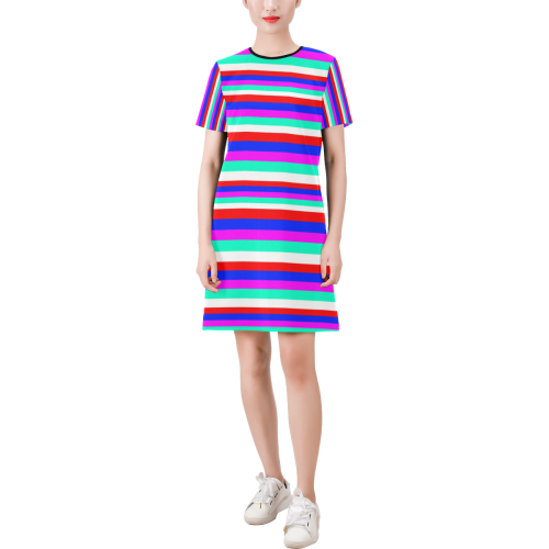 Colored Stripes - Fire Red Royal Blue Pink Mint Wh Short-Sleeve Round Neck A-Line Dress (Model D47)