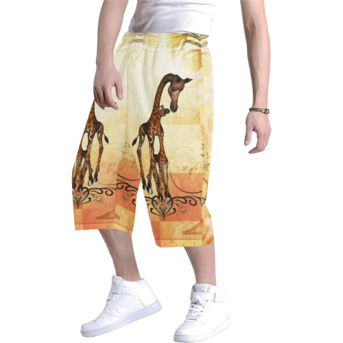 Cute giraffe mum with baby Men's All Over Print Baggy Shorts (Model L37)