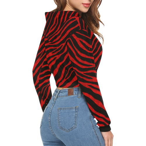 Ripped SpaceTime Stripes - Red All Over Print Crop Hoodie for Women (Model H22)