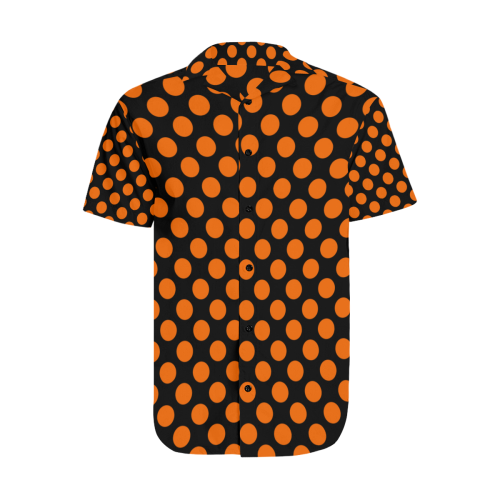 Orange Polka Dots on Black Men's Short Sleeve Shirt with Lapel Collar (Model T54)