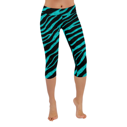 Ripped SpaceTime Stripes - Cyan Women's Low Rise Capri Leggings (Invisible Stitch) (Model L08)