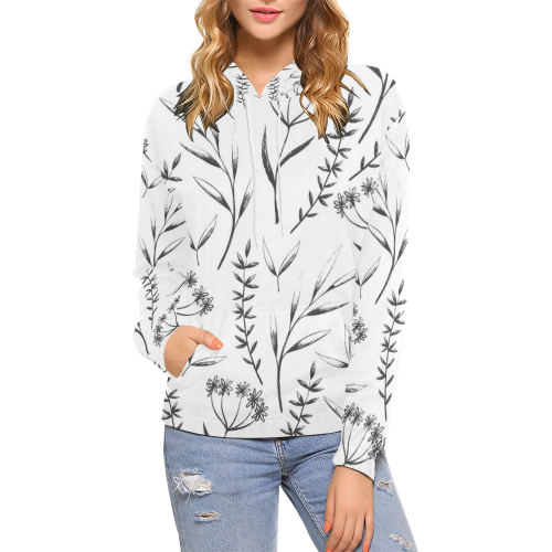 black white flowers All Over Print Hoodie for Women (USA Size) (Model H13)