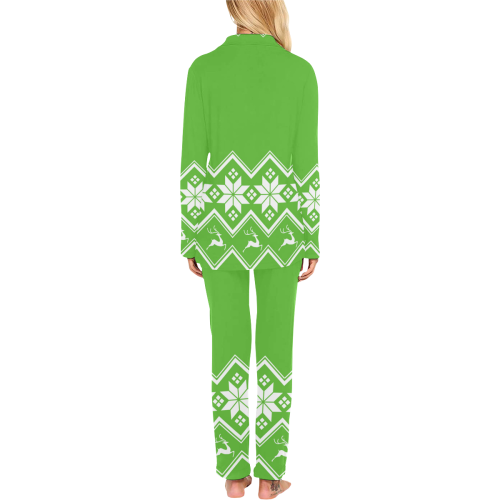 Christmas Reindeer Snowflake Green Women's Long Pajama Set