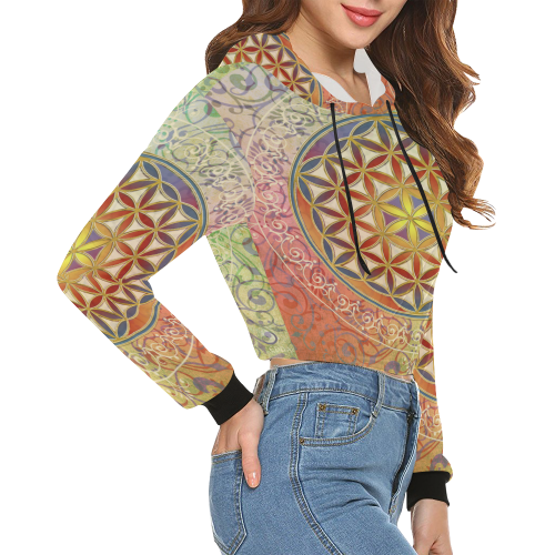 FLOWER OF LIFE vintage ornaments green red All Over Print Crop Hoodie for Women (Model H22)