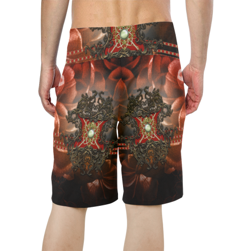 Red floral design Men's All Over Print Board Shorts (Model L16)