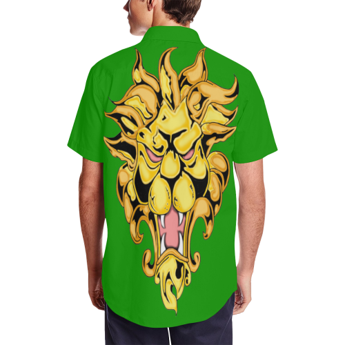 Gold Metallic Lion Green Men's Short Sleeve Shirt with Lapel Collar (Model T54)