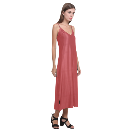 color firebrick V-Neck Open Fork Long Dress(Model D18)
