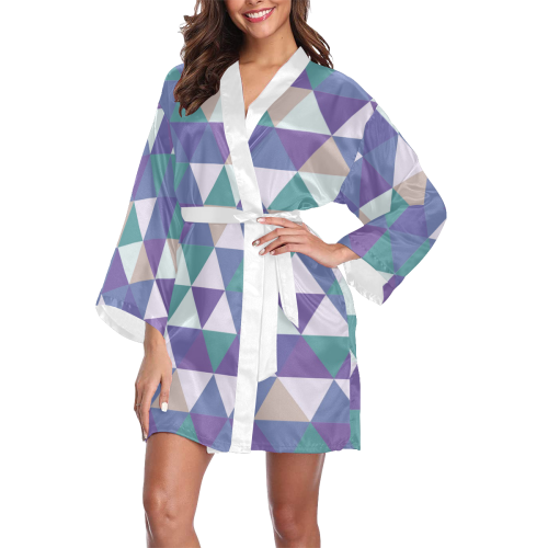Purple Green Beige Abstract Triangles Long Sleeve Kimono Robe