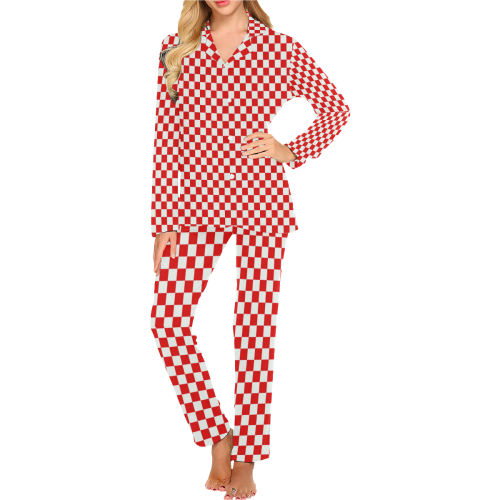 Bright Red Gingham Women's Long Pajama Set
