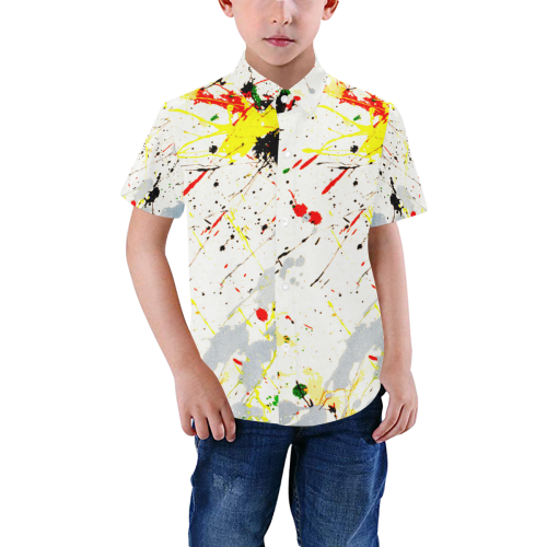 Yellow & Black Paint Splatter Boys' All Over Print Short Sleeve Shirt (Model T59)
