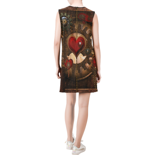 Steampunk, awesome herats with clocks and gears Sleeveless Round Neck Shift Dress (Model D51)