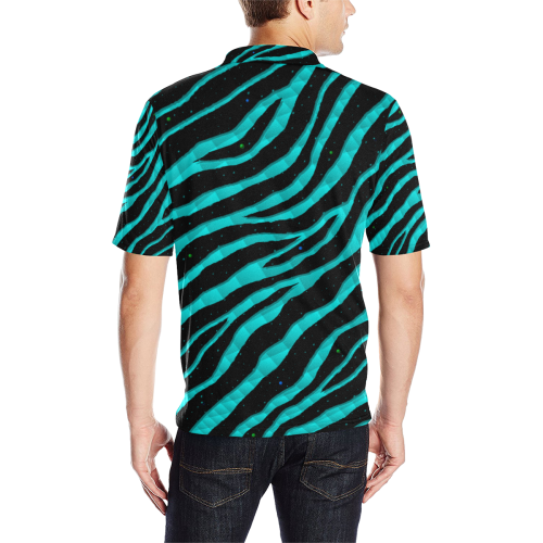 Ripped SpaceTime Stripes - Cyan Men's All Over Print Polo Shirt (Model T55)