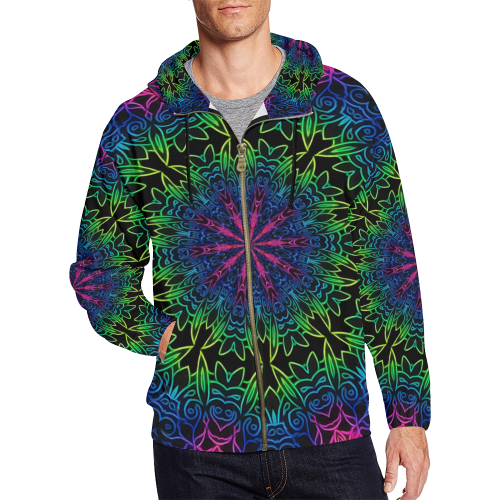 Rainbow Scratch Art Mandala Kaleidoscope Abstract All Over Print Full Zip Hoodie for Men/Large Size (Model H14)