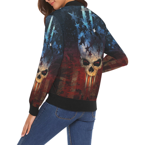 Bomber Jacket Skull American Flag All Over Print Bomber Jacket for Women (Model H19)
