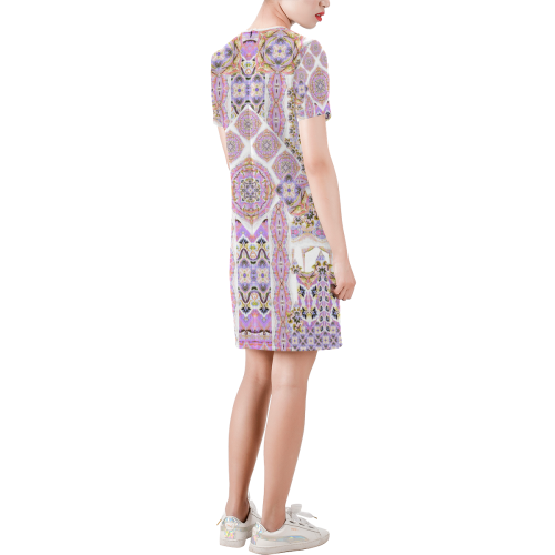 mandala spirit violet pastel Short-Sleeve Round Neck A-Line Dress (Model D47)