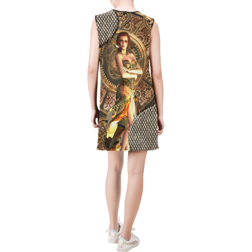 Steampunk lady with gears and clocks Sleeveless Round Neck Shift Dress (Model D51)