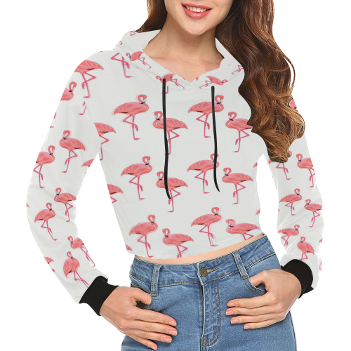 Pretty Pink Flamingo Pattern All Over Print Crop Hoodie for Women (Model H22)