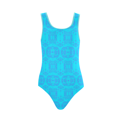 Blue and Turquoise Abstract Damask Vest One Piece Swimsuit (Model S04)