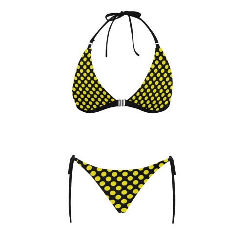 Yellow Polka Dots on Black Buckle Front Halter Bikini Swimsuit (Model S08)
