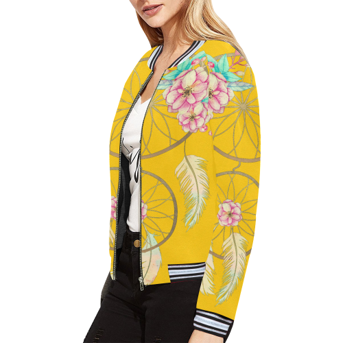 Dreamcatcher canary yellow All Over Print Bomber Jacket for Women (Model H21)