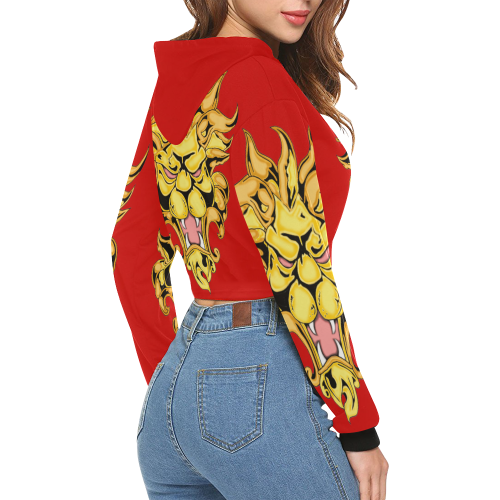 Gold Metallic Lion Red All Over Print Crop Hoodie for Women (Model H22)