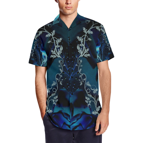 Floral design, blue colors Men's Short Sleeve Shirt with Lapel Collar (Model T54)