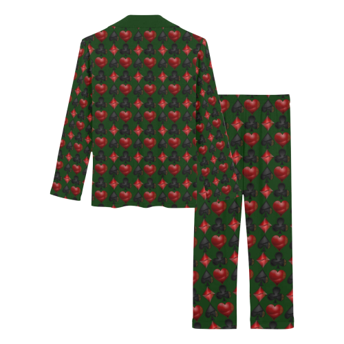 Las Vegas Black and Red Casino Poker Card Shapes on Green Women's Long Pajama Set