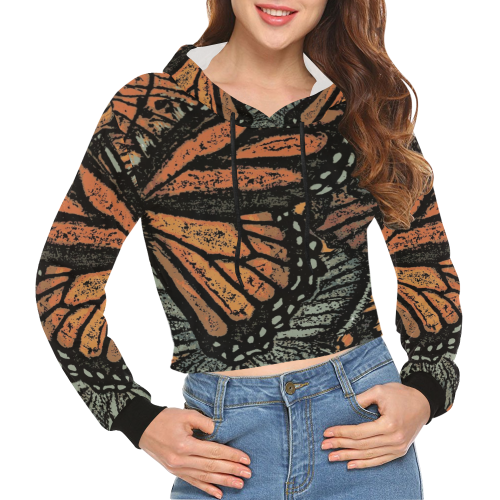 Monarch Collage All Over Print Crop Hoodie for Women (Model H22)