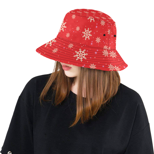 white xmas snowflakes on red background All Over Print Bucket Hat